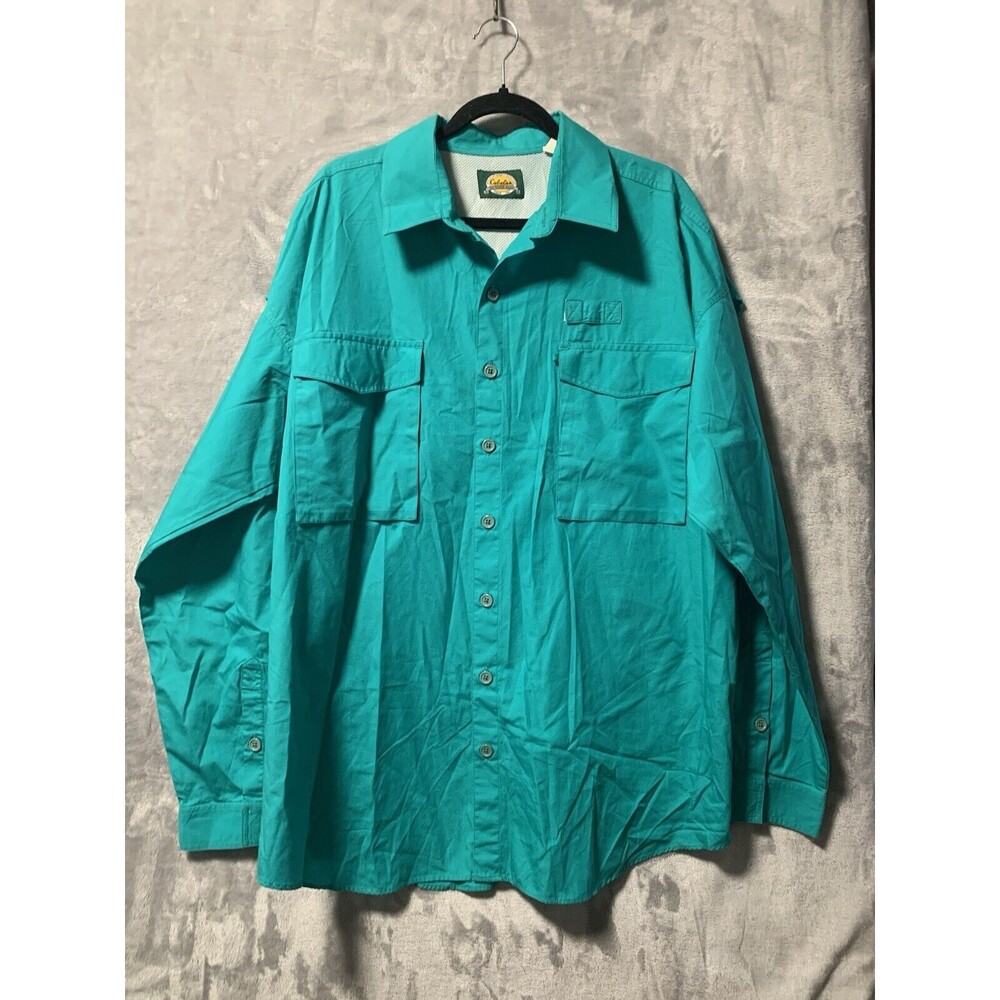 Cabela's Fishing Shirt Mens XL Green Button Up Long Sleeve Vented Roll Tab‎